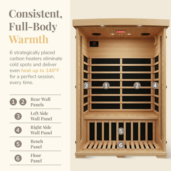 Infrared Sauna Designed for Daily Recovery, 6 Carbon Heaters, Hemlock Wood Construction, 2-Person Capacity